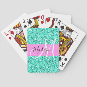 Jeu De Cartes Nom Monogramme Paillettes Turquoise Rose Glamour