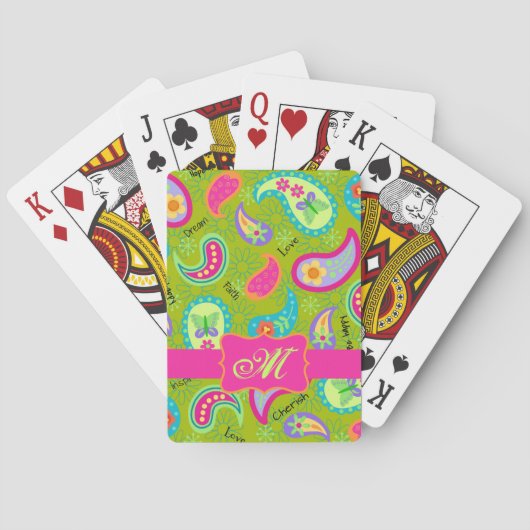 Jeu De Cartes Olive Green Fuchsia rose moderne Paisson Monogramm (dos)