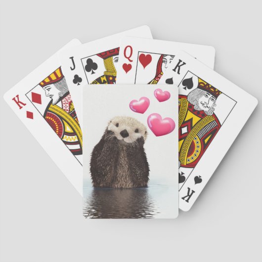 Jeu De Cartes Otter mignonne avec Coeurs d'Amour Rose (dos)