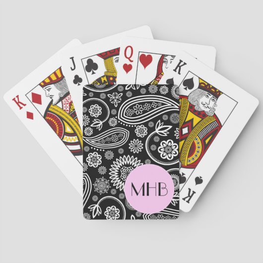 Jeu De Cartes Paisley Motif, noir et blanc, Monogramme (dos)