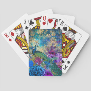 Jeu De Cartes Paon et fleurs illustrés antiques grunge