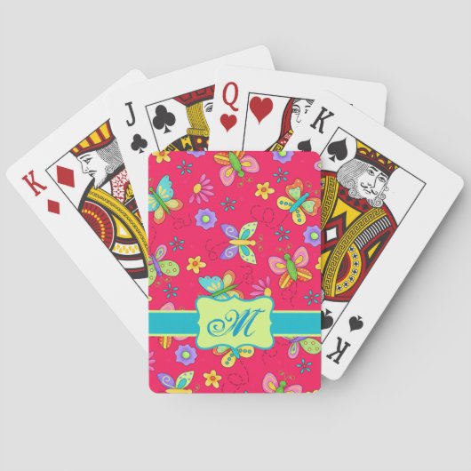 Jeu De Cartes Papillons Whimsy moderne sur Monogramme rouge pers (dos)