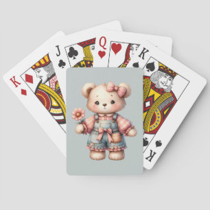 Jeu De Cartes Pastel Teddy Bear Holding Flower Wear Overalls
