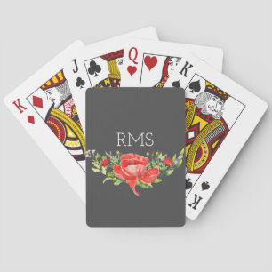 Jeu De Cartes Pavot rouge sur gris Monogramme personnalisable