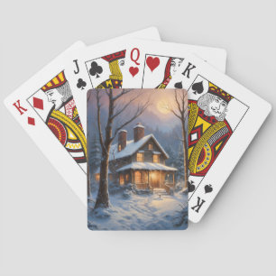 Jeu De Cartes Peinture de cabane rustique bleue marron en hiver