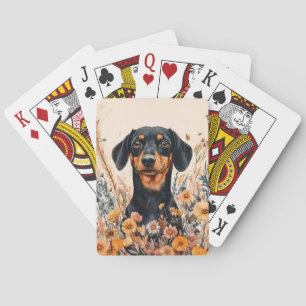 Jeu De Cartes Peinture de dachshund mignon avec des fleurs sauva