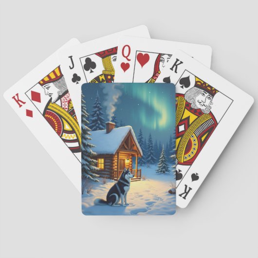Jeu De Cartes Peinture de Noël de cabane enneigée avec Husky de (dos)