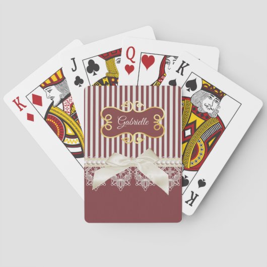 Jeu De Cartes Perles et dentelle Deep Red Stripes Bow et nom (dos)