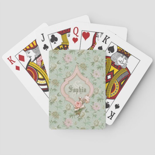 Jeu De Cartes Personnalisé Girly Chic Vert et rose Floral (dos)