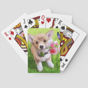 Jeu De Cartes Petit chiot mignon avec des fleurs dans la bouche