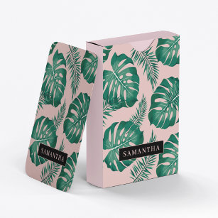 Jeu De Cartes Pink & Green Palm Feuille Motif & nom