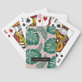 Jeu De Cartes Pink & Green Palm Feuille Motif & nom (dos)