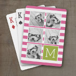 Jeu De Cartes Pink Lime Striped Photo Collage Personnalisé Monog<br><div class="desc">Arrière - plan inclut un Motif rayé optionnel - Utilisez cinq photos carrés pour créer un cadeau unique et personnel. Ou vous pouvez garder le chiot hipster et faire un gardien branché. Si vous avez besoin d'ajuster les images,  cliquez sur l'outil personnaliser pour apporter des modifications.</div>