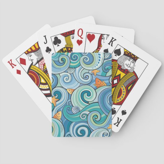 Jeu De Cartes Poissons parmi le motif de vagues (dos)