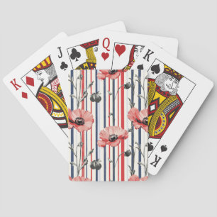 Jeu De Cartes Poppies rouges avec Feuilles bleus et Motif rayé