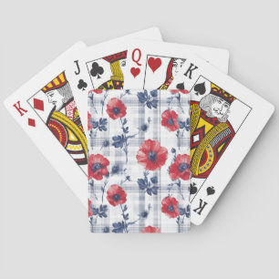 Jeu De Cartes Poppies rouges avec Feuilles bleus sur À damiers b