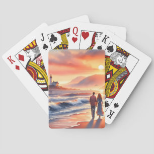 Jeu De Cartes Promenade au phare du coucher de soleil côtier rom