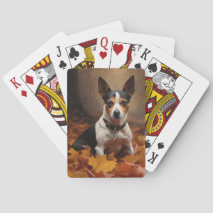 Jeu De Cartes Rat Terrier dans les feuilles d'automne qui tomben