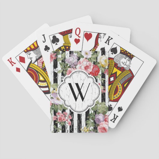 Jeu De Cartes Rayure noire patinée florale de monogramme (dos)