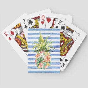 Jeu De Cartes Rayures Blanches Bleues Fleur Tropicale Ananas