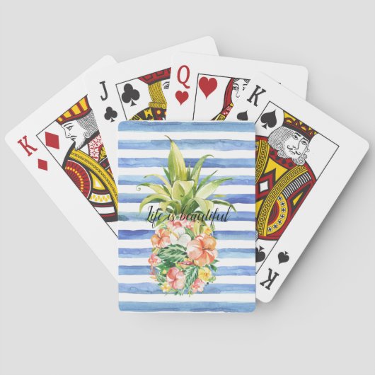 Jeu De Cartes Rayures Blanches Bleues Fleur Tropicale Ananas (dos)