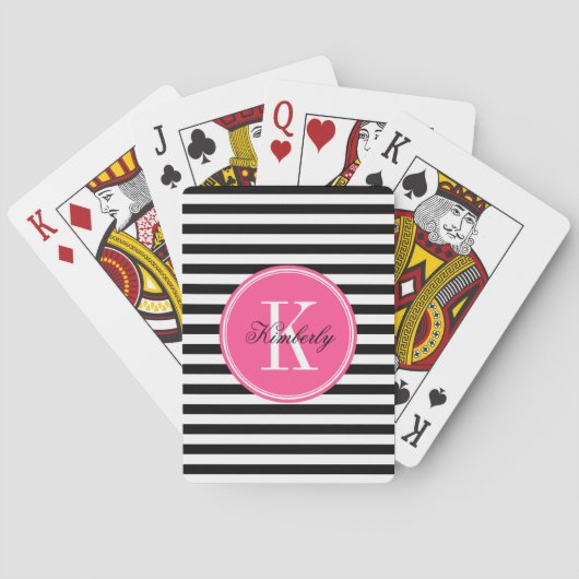 Jeu De Cartes Rayures noires et blanches avec le monogramme rose (dos)