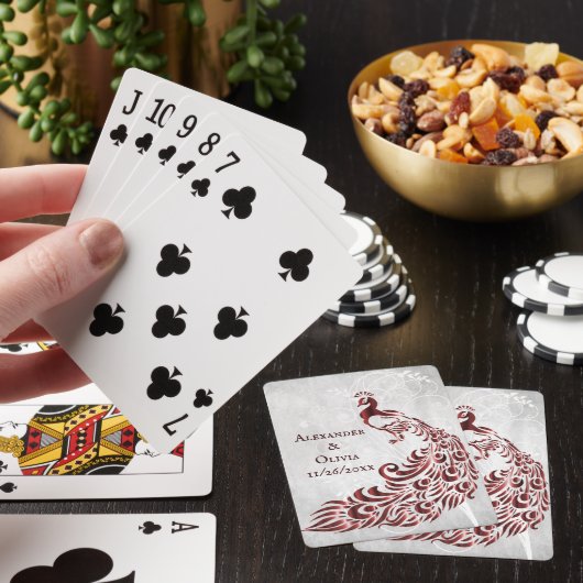 Jeu De Cartes Red Peacock Leaf Vine Mariage Favor Card Deck (In Situ)