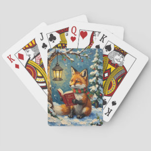 Jeu De Cartes Renard d'hiver vintage lisant à la lumière d'une l
