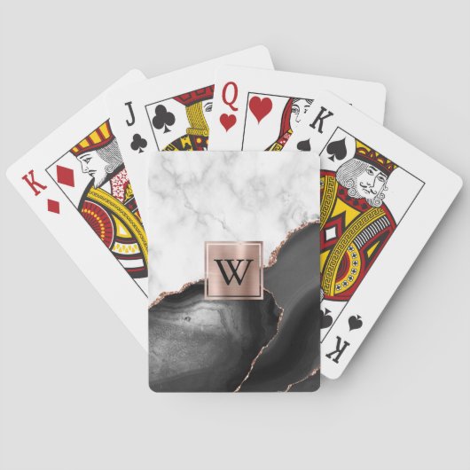 Jeu De Cartes Rose Gold Noir Agate Marbre Blanc Monogramme (dos)