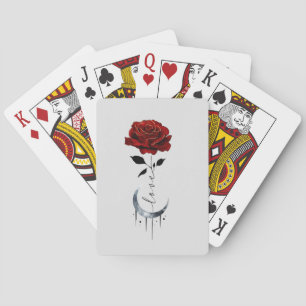 Jeu De Cartes Rose rouge de style tatouage et lune de croissant 