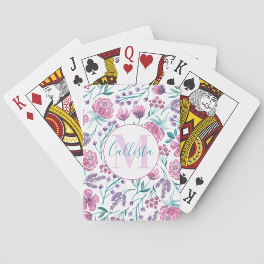 Jeu De Cartes Rose violet Turquoise Aquarelle Fleurs Monogramme (dos)