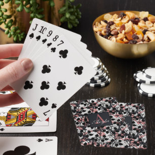 Jeu De Cartes Roses blanches modernes avec Monogramme Feuille ro