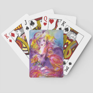 Jeu De Cartes ROSINA / Dame avec perroquet et aquarelle Rose