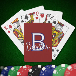Jeu De Cartes Rouge Blanc & Bleu Nom et Monogramme Personnalisé