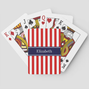 Jeu De Cartes Rouge Blanc Rayure Navy Bleu Nom Monogramme