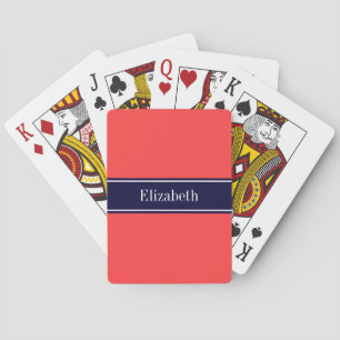 Jeu De Cartes Rouge Corail Uni, Monogramme avec Ruban Bleu Marin
