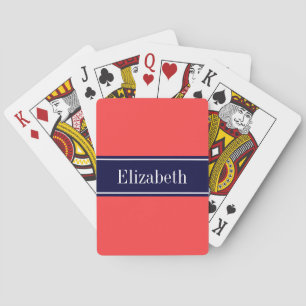 Jeu De Cartes Rouge Corail Uni, Monogramme avec Ruban Bleu Marin
