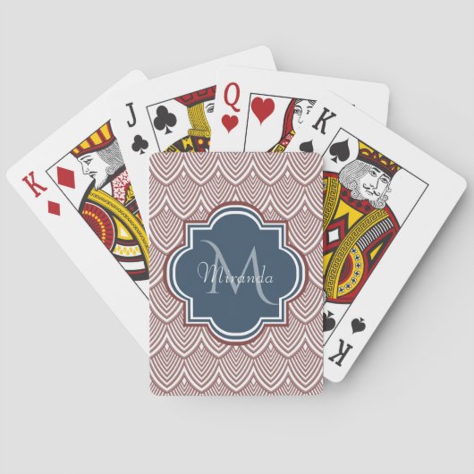 Jeu De Cartes Rouge foncé Déco pétoncles bleu marine Monogramme  (dos)