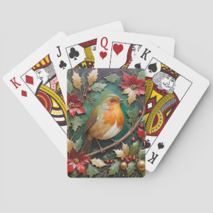 Jeu De Cartes Rouge-gorge parmi le houx et les poinsettias