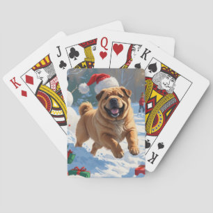 Jeu De Cartes Shar Pei courant dans la neige avec un chapeau de 