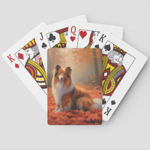 Jeu De Cartes Shetland Sheepdog dans les feuilles d'automne qui