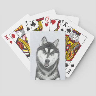 Jeu De Cartes Sibérie Husky (noir et blanc) Peinture Chien Art