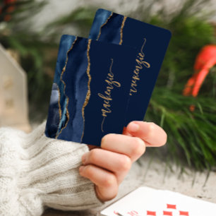 Jeu De Cartes Signature personnalisée bleu marine agate dorée