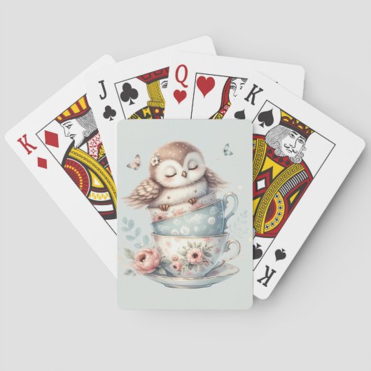Jeu De Cartes Sleeping Owl in Stacked Floral Teacups (dos)