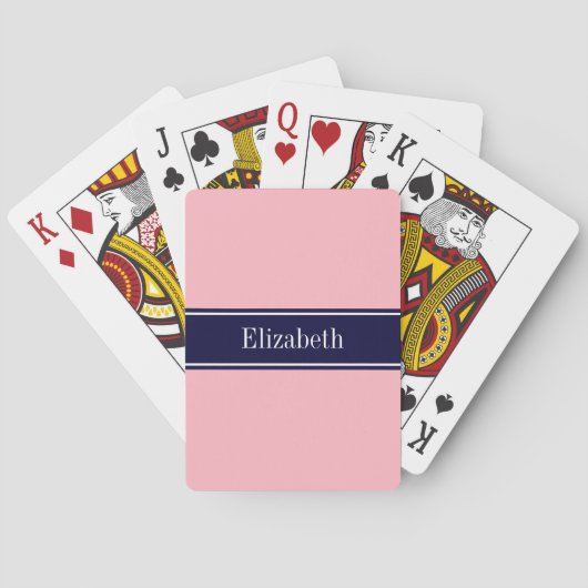 Jeu De Cartes Solid Pink, Navy Blue Ribbon Nom Monogram (dos)