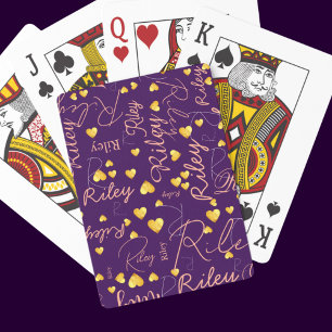 Jeu De Cartes Son nom avec Gold Hearts Purple