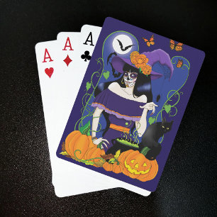 Jeu De Cartes Sorcière élégante d'Halloween Crâne de Sucre Viole