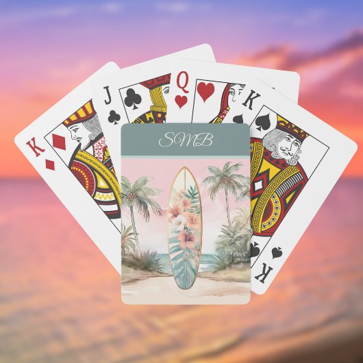 Jeu De Cartes Surfboard Tropical Island Flower Palm Tree w Name