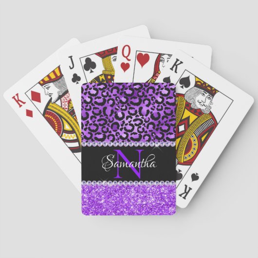 Jeu De Cartes Taches de léopard noir et violet Glam Monogramme (dos)