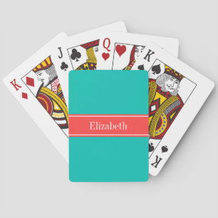 Jeu De Cartes Teal solide, monogramme rouge de corail de nom de